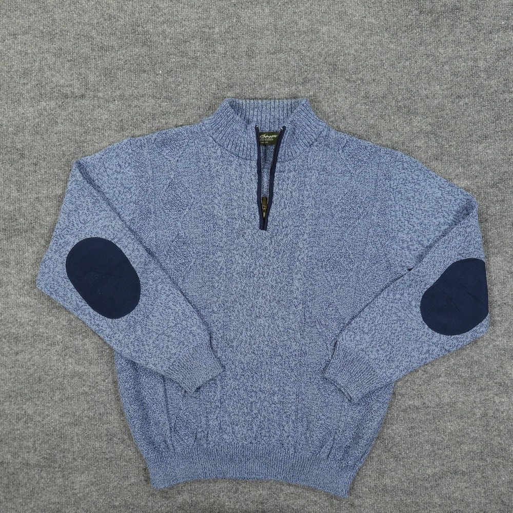 Norm Thompson Sweater Mens Medium Blue 1/4 Zip Mock Neck Elbow Patches Cotton